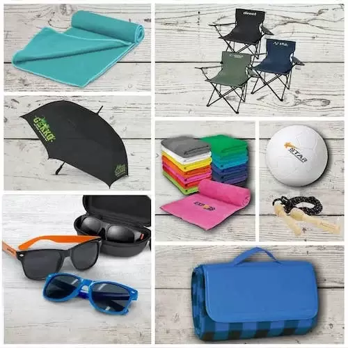 Corporate branded Gifts for clients, chairs, beach towels and picnic rugs.